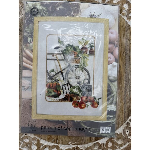 VTG Permian Of Copenhagen cross stitch Kit DMC 12-1151 26x37 Bicycle Garden Veg - Picture 1 of 6